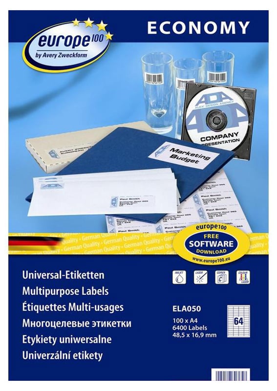 Этикетки Europe100 ELA050-100 A4 48.5x16.9мм 64шт на листе/70г/м2/100л./белый  матовое самоклей. универсальная