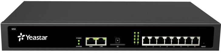 АТС YEASTAR IP-АТС на 50 абонентов и 25 одновременных вызовов, позволяет подключать аналоговые линии/телефоны, линии BRI и GSM-линию посредством дополнительных модулей, поддерживает протоколы MFC R2, SS7,