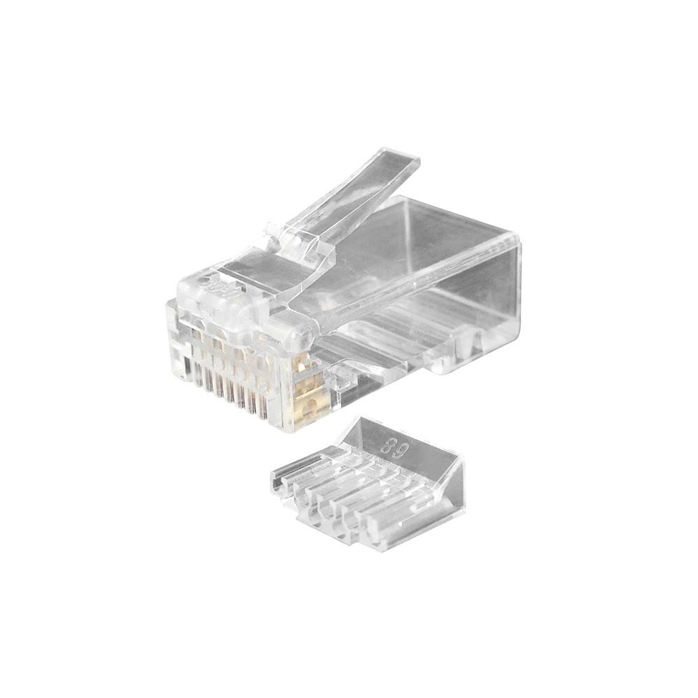 Разъем RJ-45(8P8C) Hyperline PLUG-8P8C-UV-C6-100 под витую пару, категория 6 (50 µ''/ 50 микродюймов), универсальный (для одножильного и многожильного кабеля), со вставкой (100 шт)