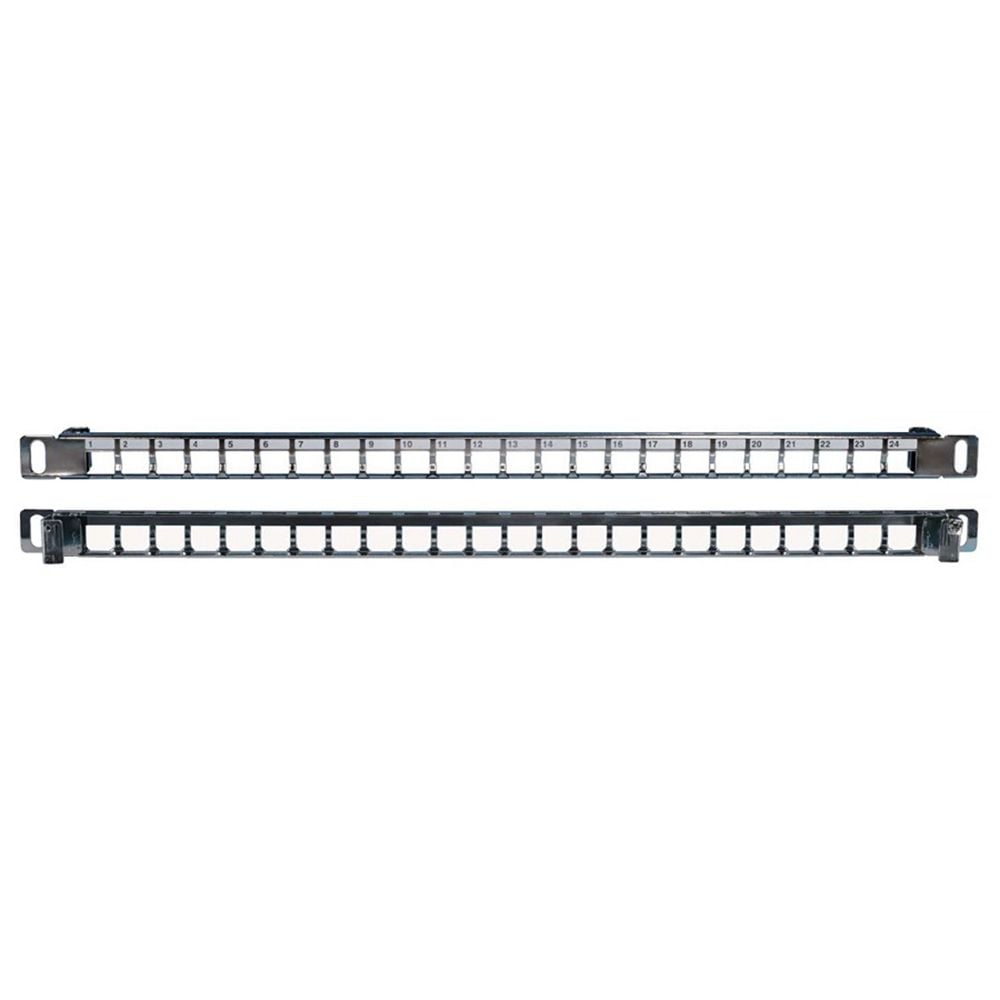 Панель Hyperline PPBLHD-19-24S-SH-RM Модульная патч-панель 19", 24 порта, Flat Type, 0.5U, для экранированных и неэкранированных модулей Keystone Jack (кроме KJ1-C2, KJ2-C5e, KJ2-C6), с задним кабельным организатором (без модулей)