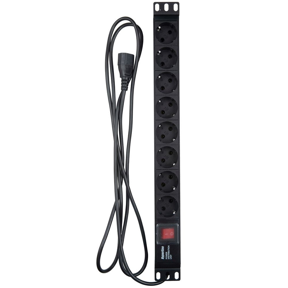 Блок розеток Hyperline SHE19-8SH-S-2.5IEC /PDU 19", горизонтальный, 8 розеток Schuko, выключатель с подсветкой, кабель питания 2.5м (3х1.0мм2) вилкой IEC 60320 C14, 10А, 230В, чёрный, 482.6x44.4x44.4мм