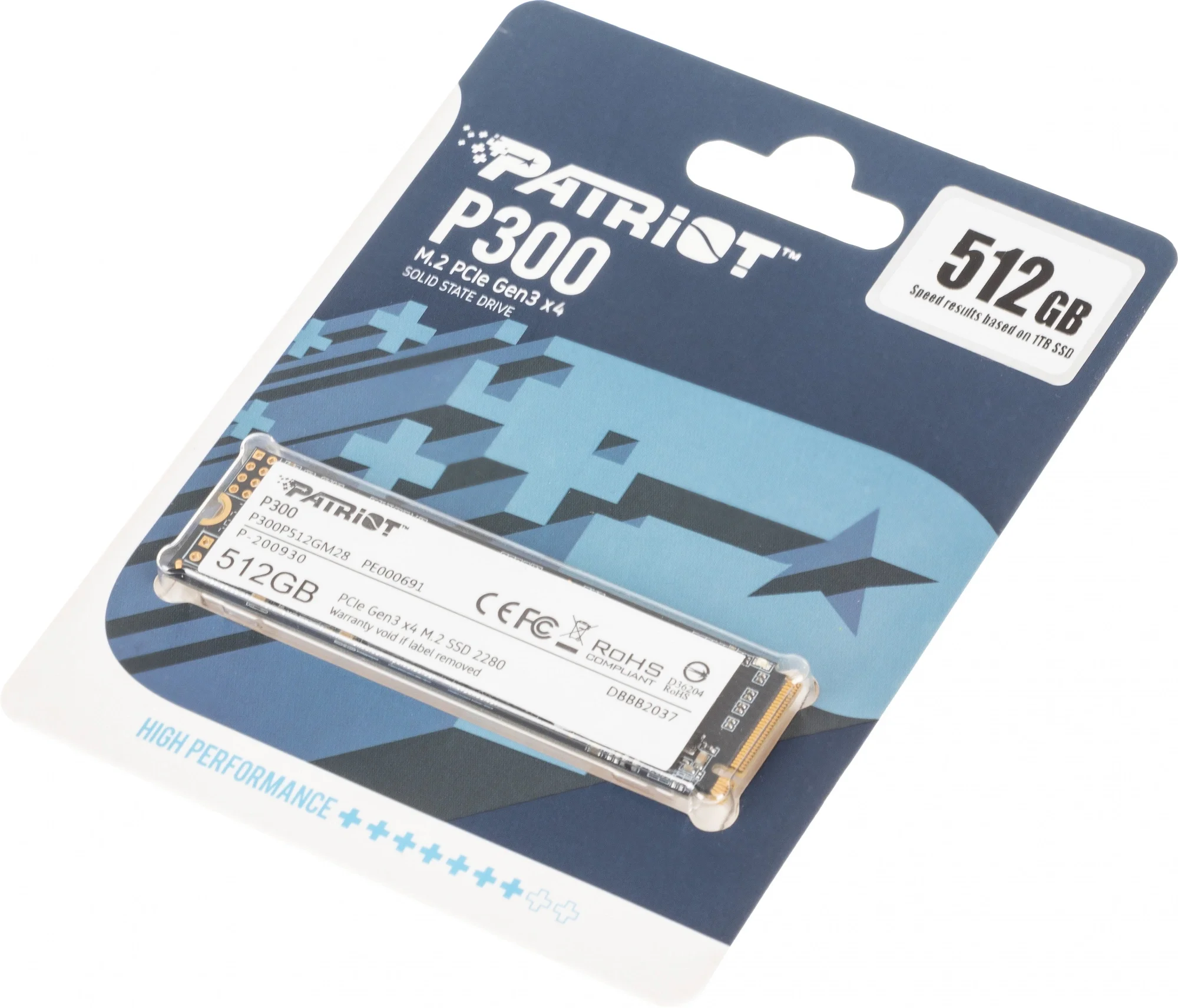 Диск SSD PATRIOT - P300, для ноутбука, M.2 2280, 512 ГБ, PCIe 3.0 NVMe x4, speed write-1200МБ/с read-1700МБ/с, P300P512GM28