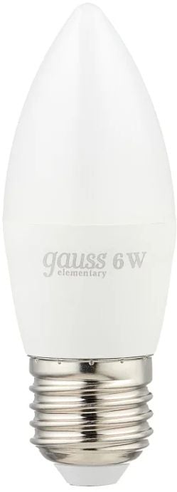 Лампа светодиодная Gauss Elementary 6Вт цок.:E27 свеча 220B 4100K  св.свеч.бел.нейт.  C37  (упак.:10шт) (33226)