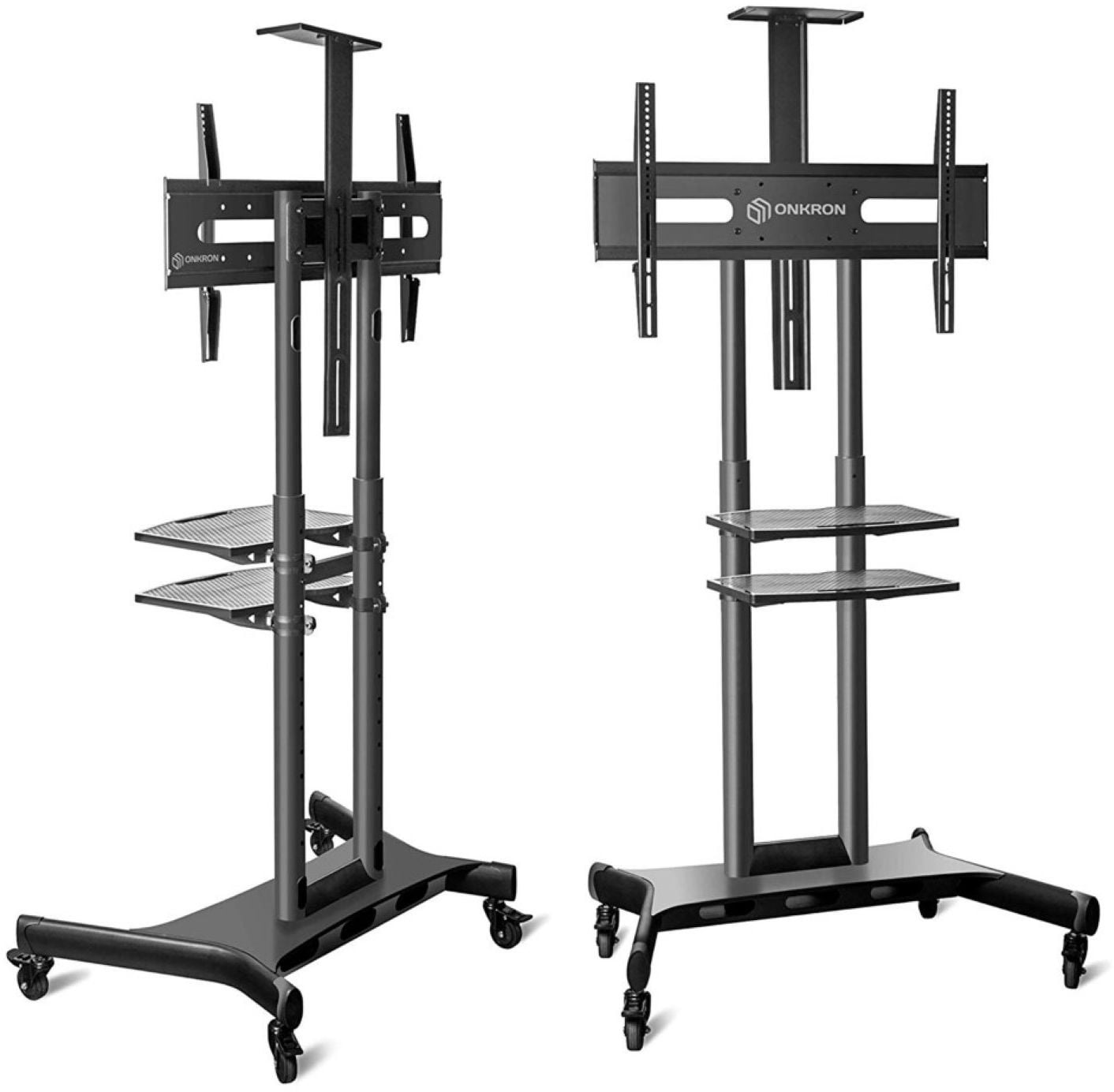Мобильная стойка ONKRON TS1881 BLACK на 1 ТВ/ 55-80" от 200х200 до 800х500, макс нагр 90,9кг, 2 полки, высота 1050-1650мм, черный