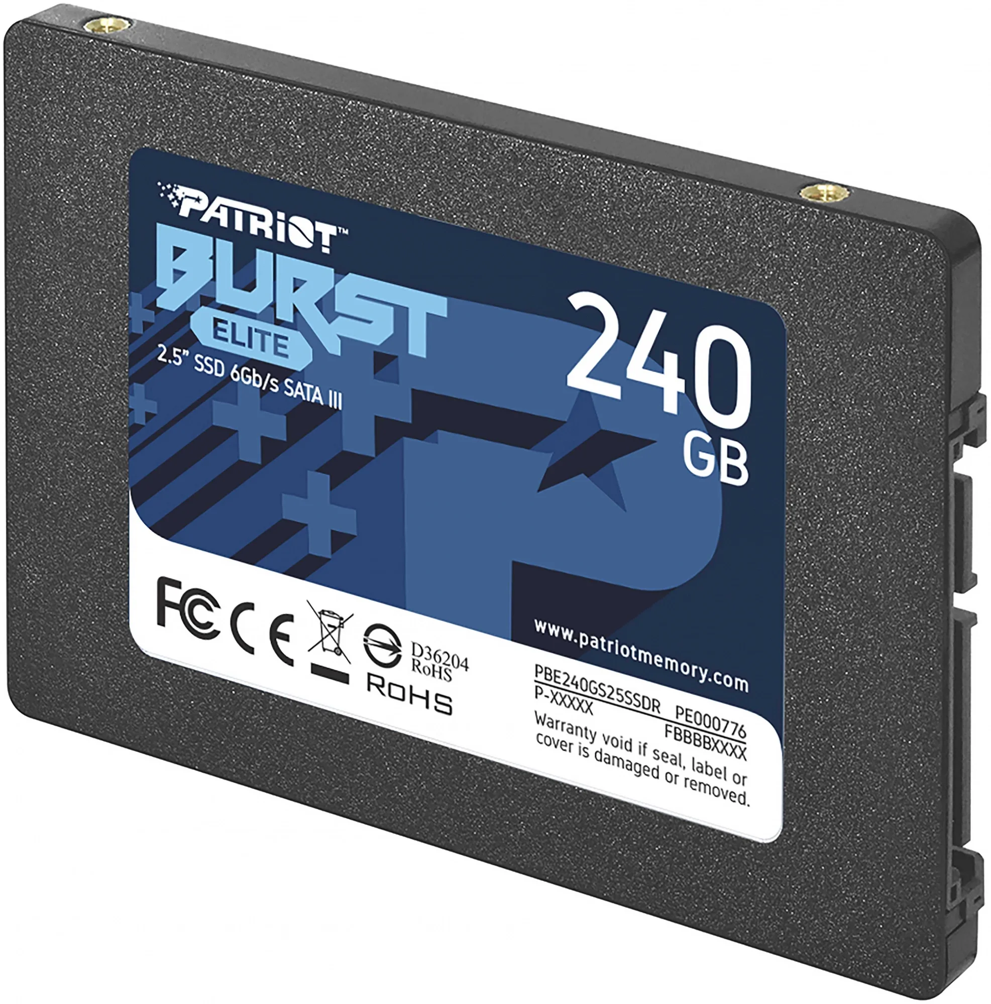 Диск SSD PATRIOT - BURST ELITE, для ноутбука, 2.5", 240 ГБ, SATA, 6 Гб/с, speed write-320МБ/с read-450МБ/с, PBE240GS25SSDR