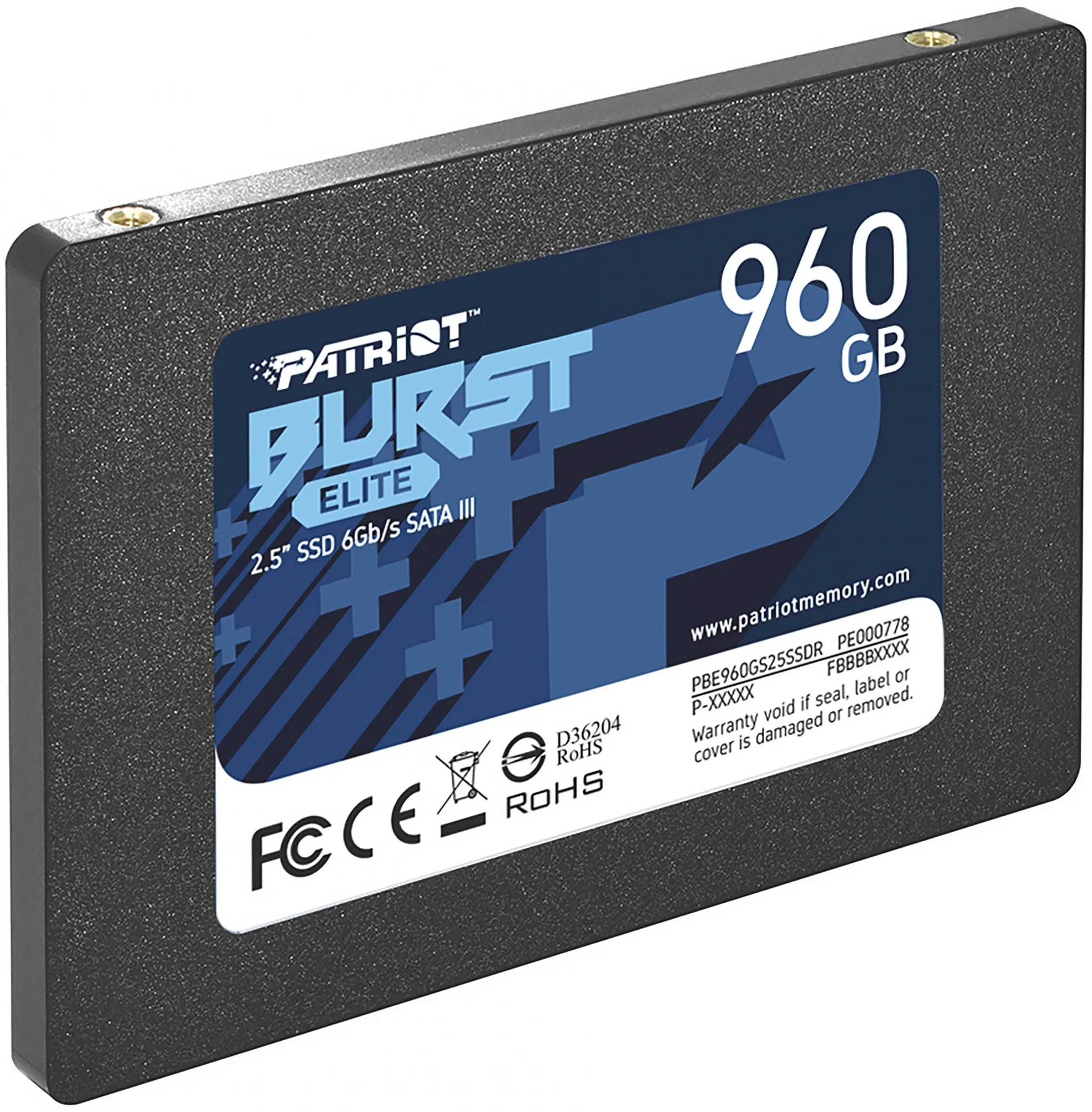 Диск SSD PATRIOT - BURST ELITE, для ноутбука, 2.5", 960 ГБ, SATA, 6 Гб/с, speed write-320МБ/с read-450МБ/с, PBE960GS25SSDR