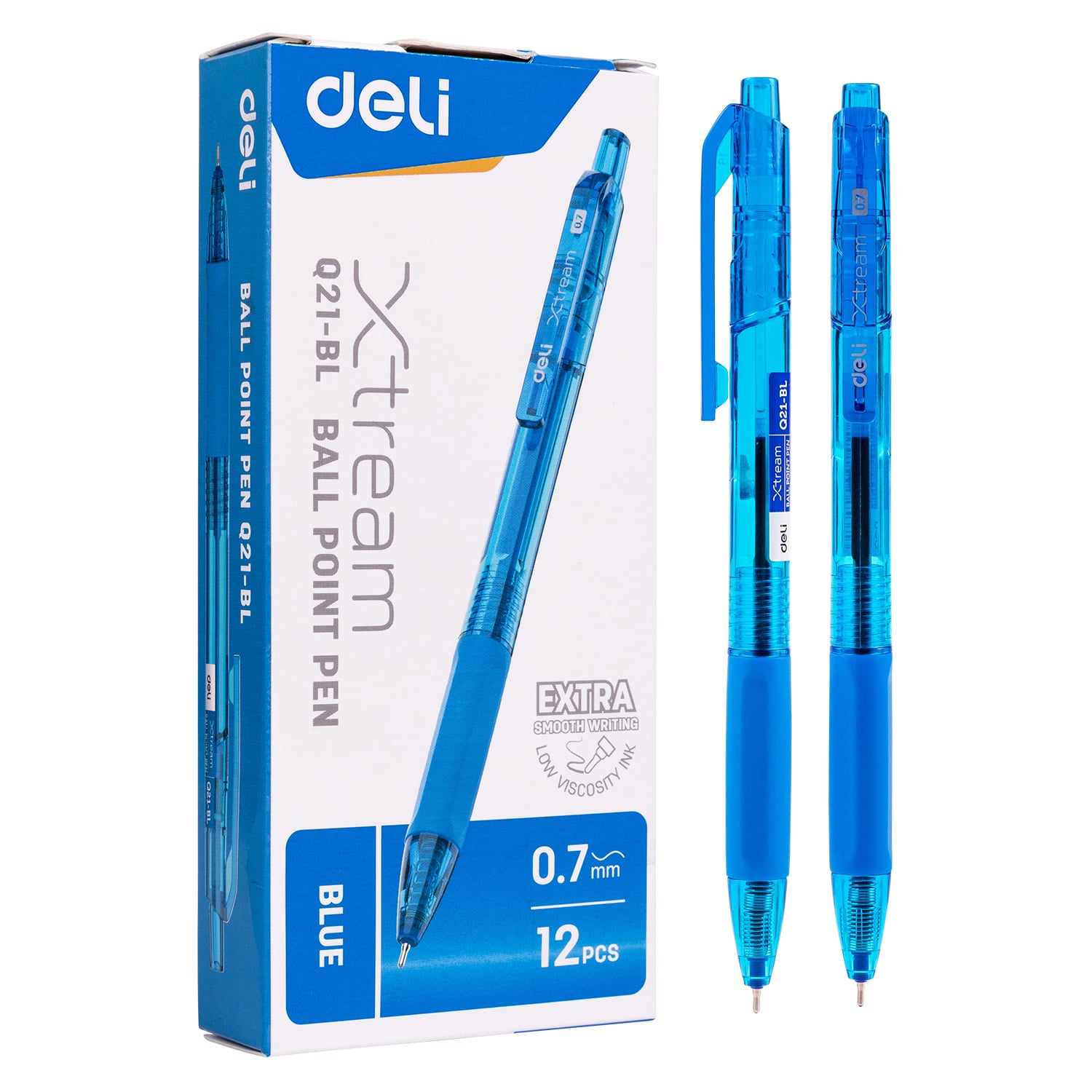Ручка шариковая автоматическая Deli X-tream EQ21-BL синий/прозрачный, d=0.7мм, синие чернила, резиновая манжета