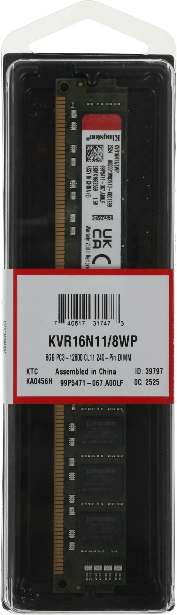 Модуль памяти Kingston 8GB  DDR3 1600 DIMM KVR16N11/8WP Non-ECC, Unbuffered, CL11, 1.5V, 2RX8, Retail, (17473)