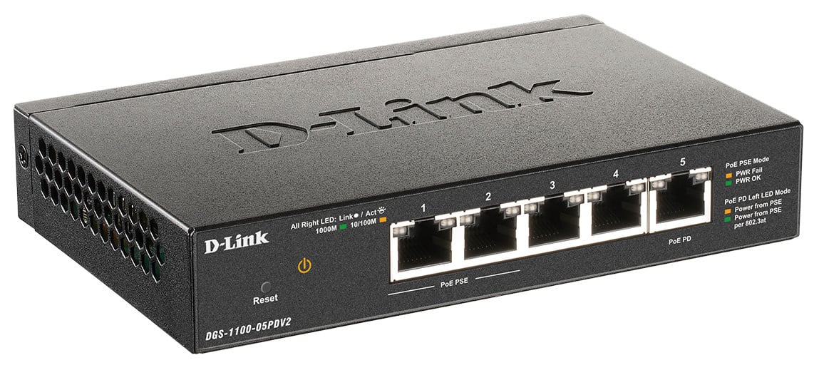 Коммутатор D-Link DGS-1100-05PDV2/A1A Настраиваемый L2 коммутатор с 5 портами 10/100/1000Base-T (2 порта PoE 802.3af, PoE-бюджет 18 Вт (802.3at) или 8 Вт (802.3af), 1 порт для питания коммутатора по PoE) DGS-1100-05PDV2/A1A (453298)