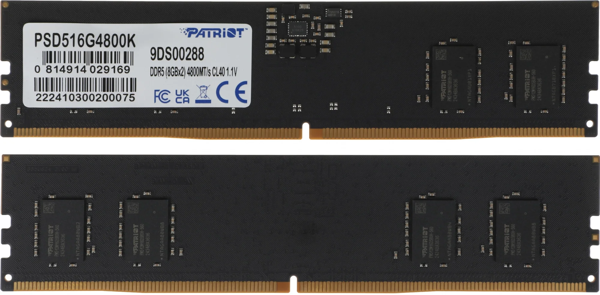 Patriot DDR5 DIMM 16GB 2x8Gb 4800MHz Patriot PSD516G4800K Signature RTL PC5-38400 CL40 DIMM ECC 288-pin 1.1В