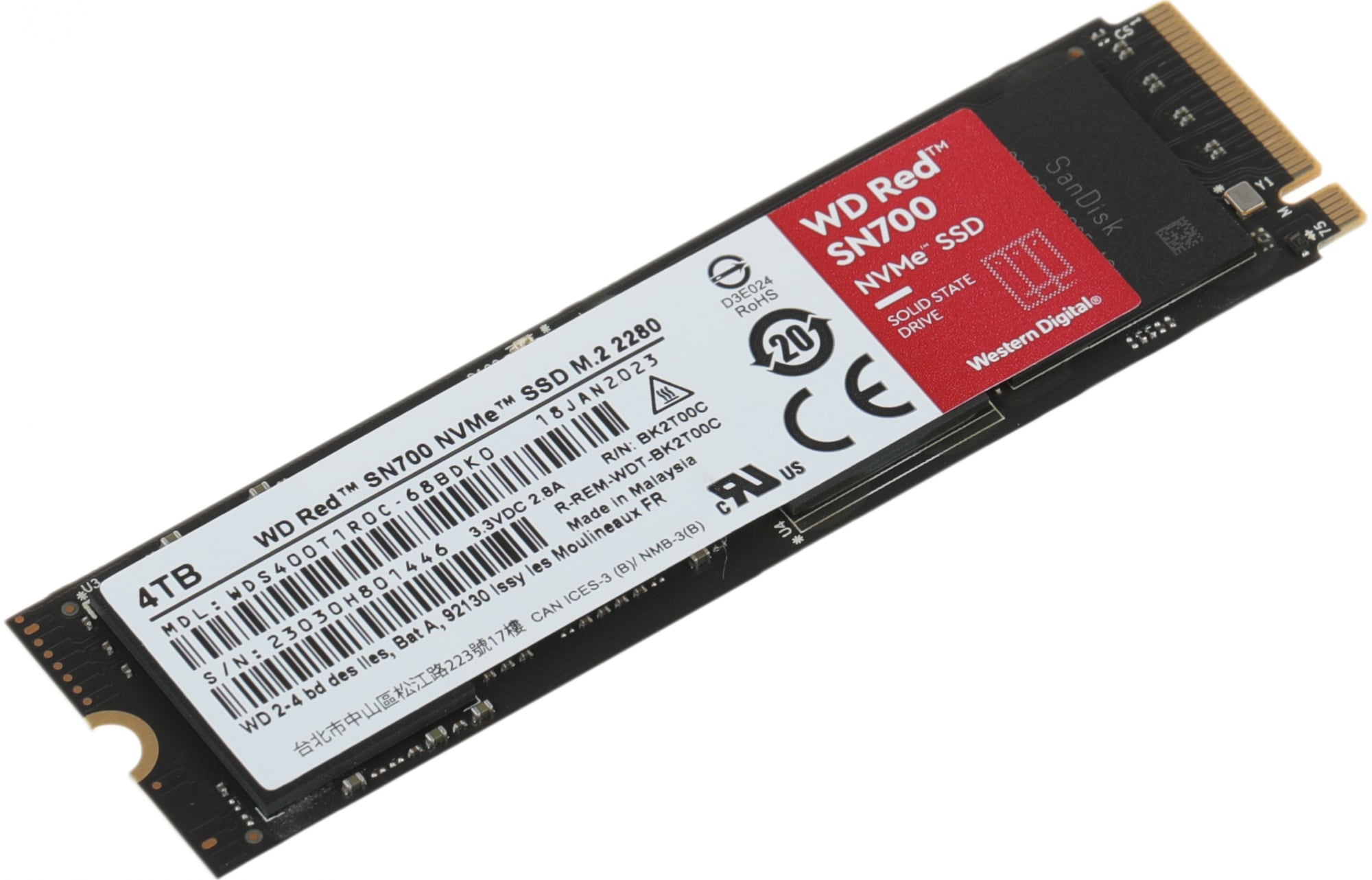 Твердотельные накопители/ WD SSD Red SN700 NVMe for NAS, 4.0TB, M.2(22x80mm), NVMe, PCIe 3.0 x4, R/W 3400/3100MB/s, IOPs 550 000/520 000, TBW 5100, DWPD 1 (12 мес.)
