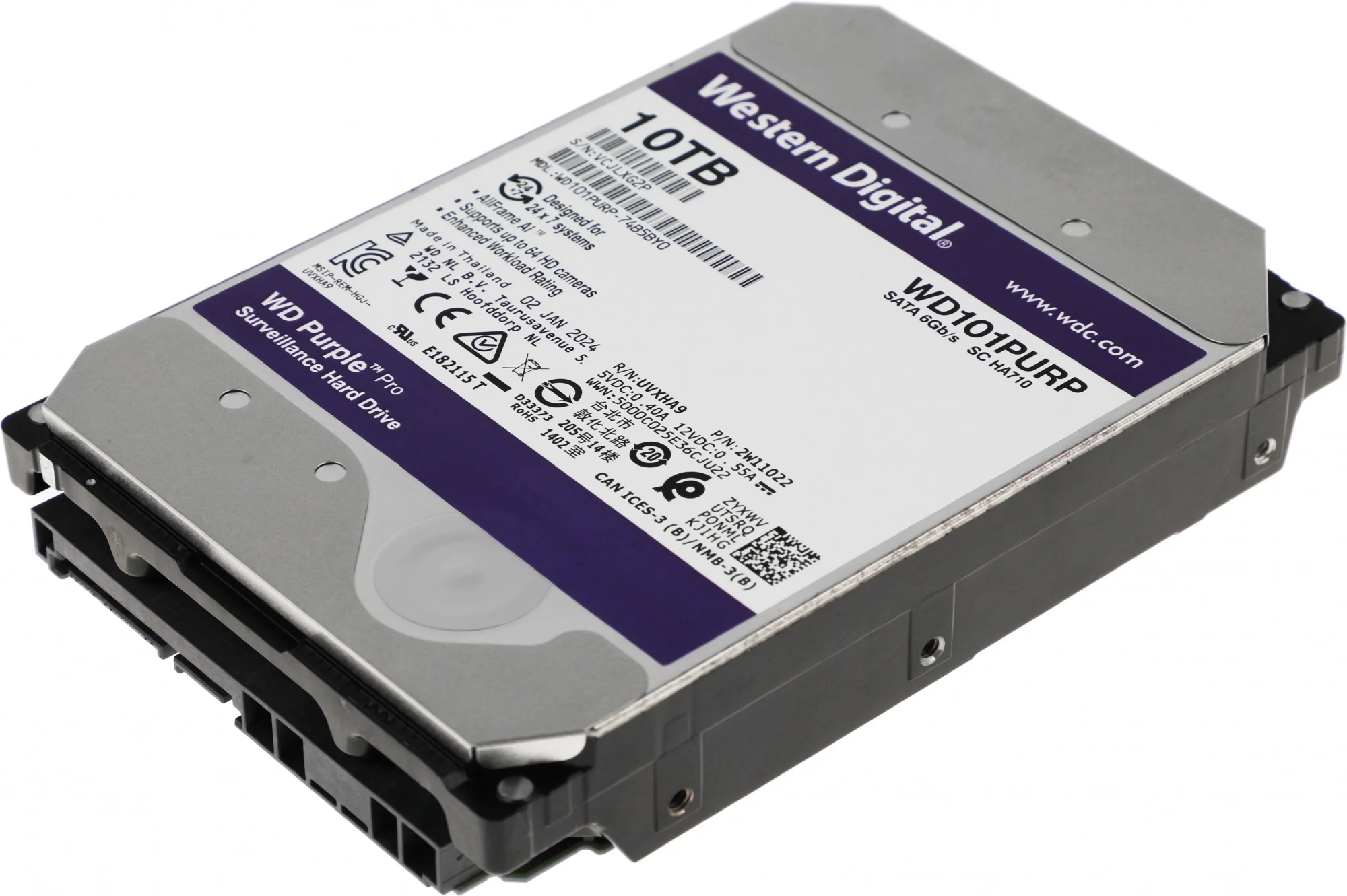 Диск HDD Western Digital - Purple Pro, для систем видеонаблюдения, SATA, 6 Гб/с, 3.5", 10 ТБ, 7200 rpm, 256MB, WD101PURP