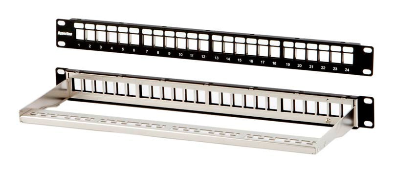 Модульная патч-панель 19"" Hyperline PPBL3-19-24-SH-RM, 24 порта, Flat Type, 1U, для экранированных и неэкранированных модулей KJ2(C6A), KJ5, KJE, KJNE, с задним кабельным организатором (без модулей)