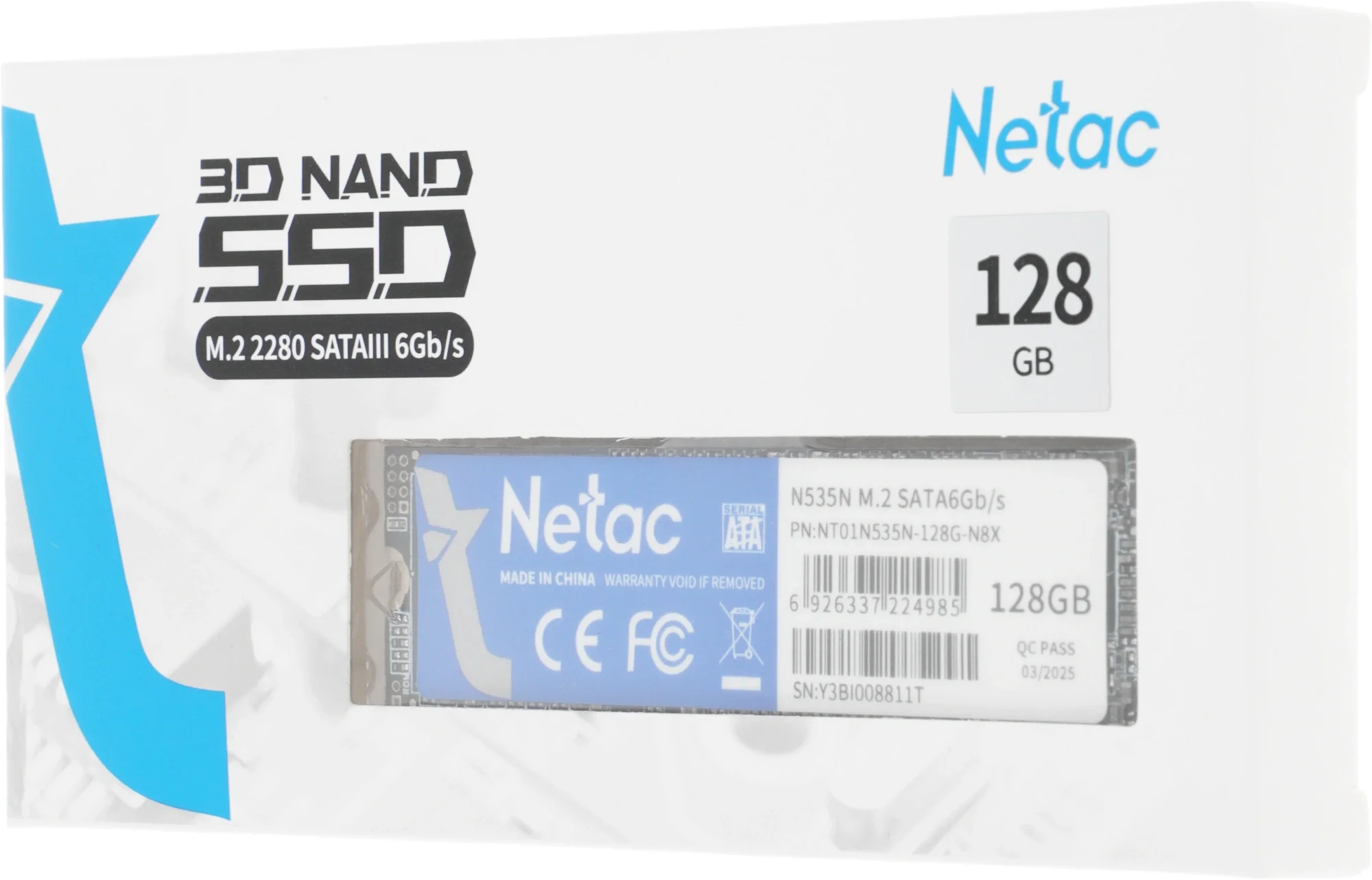 Диск SSD Netac - N535N, для ноутбука, M.2 2280, 128 ГБ, SATA, 6 Гб/с, speed write-440МБ/с read-510МБ/с, NT01N535N-128G-N8X