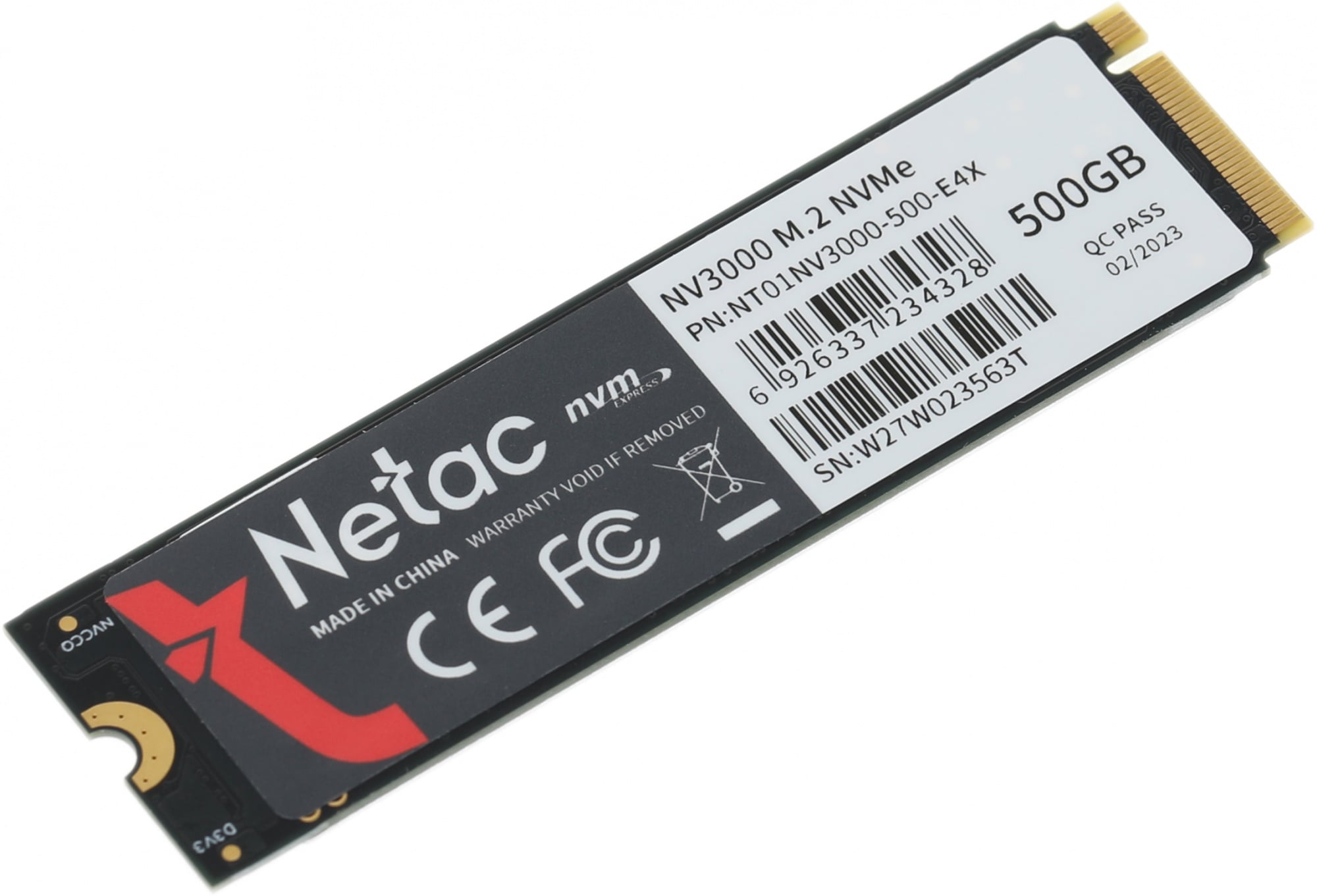 SSD накопитель Netac SSD NV3000 500GB PCIe 3 x4 M.2 2280 NVMe 3D NAND, R/W up to 3100/2100MB/s, IOPS(R4K) 200K/150K, TBW 300TB, with heat sink, 5y wty