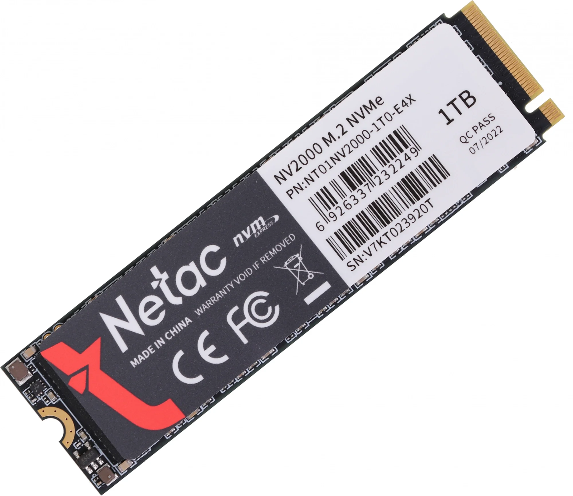 SSD накопитель Netac SSD NV2000 1TB PCIe 3 x4 M.2 2280 NVMe 3D NAND, R/W up to 2500/2100MB/s, IOPS(R4K) 150K/280K, TBW 600TB, 5y wty