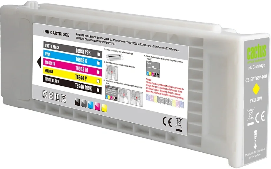 Картридж струйный Cactus CS-EPT694400 T6944 желтый (675мл) для Epson SureColor SC-T3000/T3070/T3200/T5000/5200 с чипом