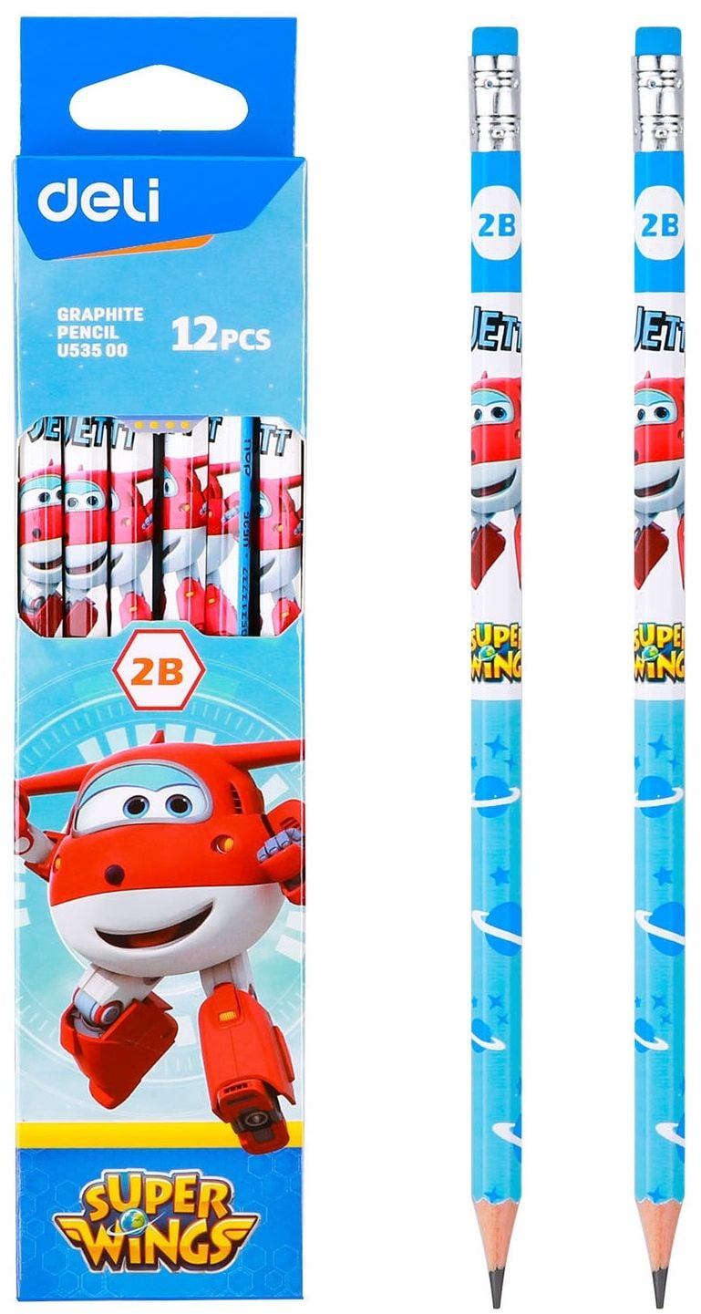 Карандаш чернографитный Deli EU53500 Super Wings 2B, шестигранный, ассорти (12шт) ластик
