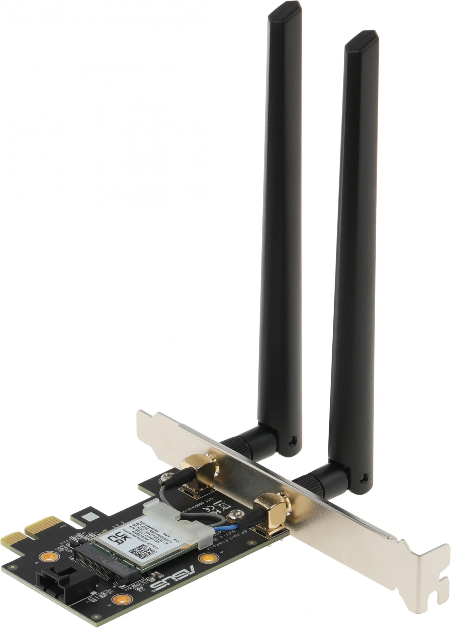 ASUS PCE-AX1800 Сетевой адаптер WiFi 6 Bluetooth 5.2 PCI-E, 4 (802.11n), 5 (802.11ac), 6 (802.11ax), 1775 Мбит/с, 5 ГГц, 2.4 ГГц, антенна - внешняя, передатчик - 20 dBm (90IG07A0-MO0B00)