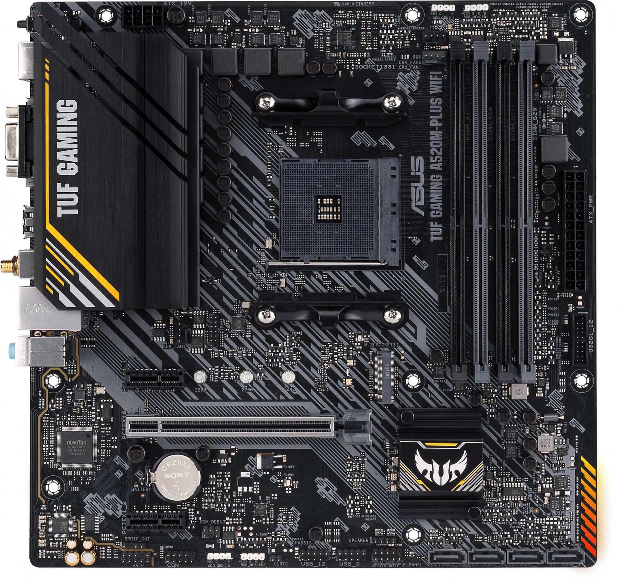 Материнская плата Asus - TUF GAMING A520M-PLUS WIFI, mATX, AMD A520, 1xAM4, 4xDDR4 до 128ГБ, 1x1GbE, audio, M.2, Wi-Fi, Bluetooth, VGA, HDMI, DP, 1xPS/2, 4xSATA, 2xUSB2.0, 4xUSB3.2, TUF GAMING A520M-PLUS WIFI