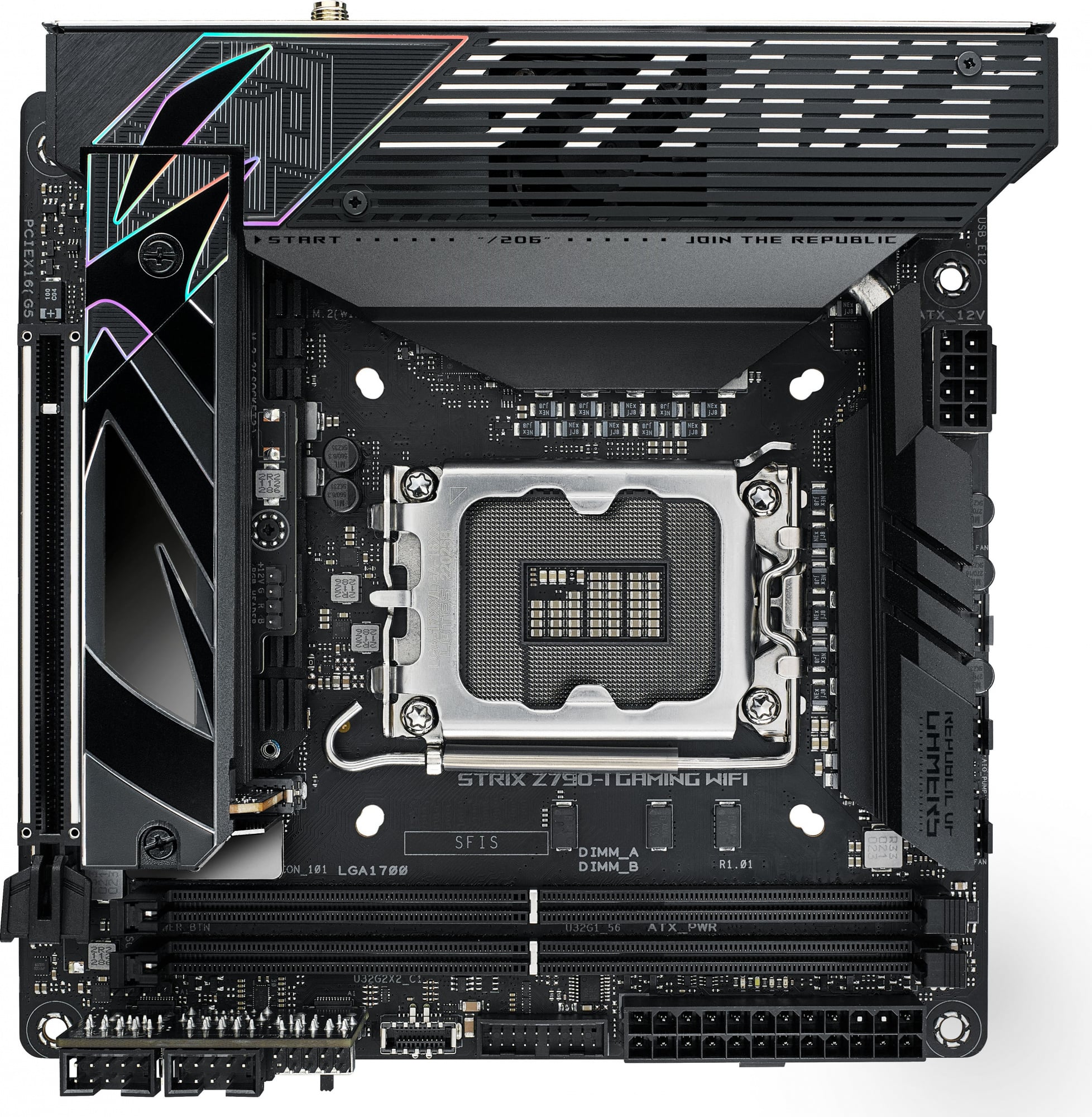 Материнская плата ASUS ROG STRIX Z790-I GAMING WIFI, LGA 1700, Intel Z790, 2xDDR5, 2xSATA, 2xM.2, 1xPCIe 5.0 x16, 1xHDMI, 2xUSB Type-C, 1x 2.5Gb LAN, 1xUSB-A 3.2 Gen 2, 3xUSB-A 3.2 Gen 1, 3xUSB-A 2.0, 2x3.5 мм, 7.1, Mini-ITX