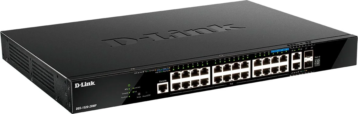Коммутатор D-Link DGS-1520-28MP/A1A Управляемый L3 стекируемый коммутатор с 20 портами 10/100/1000Base-T, 4 портами 100/1000/2.5GBase-T, 2 портами 10GBase-T и 2 портами 10GBase-X SFP+ (24 порта PoE 802.3af/at, PoE-бюджет 370 Вт