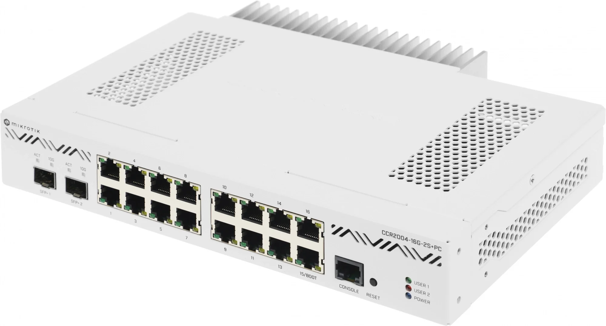 CCR2004-16G-2S+PC - Маршрутизатор, MikroTik, CCR2004-16G-2S+PC, Cloud Core Router, 16 портов 10/100/1000M, 2 порта SFP+, RouterOS (6), -20°C to 60°C, стоечный 1U