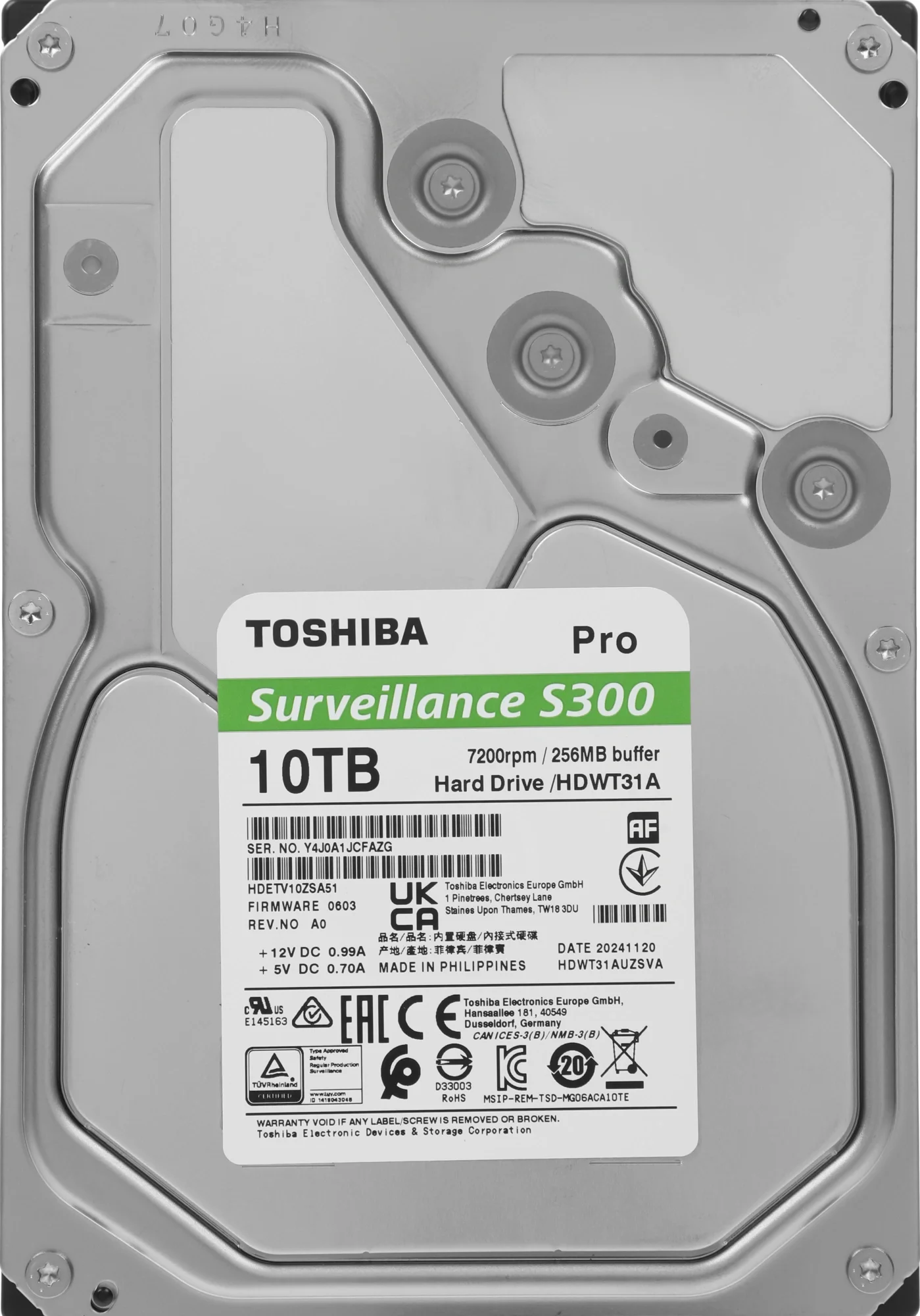 10TB Toshiba Surveillance S300 (HDWT31AUZSVA) {SATA 6.0Gb/s, 7200 rpm, 256Mb buffer, 3.5" для видеонаблюдения}