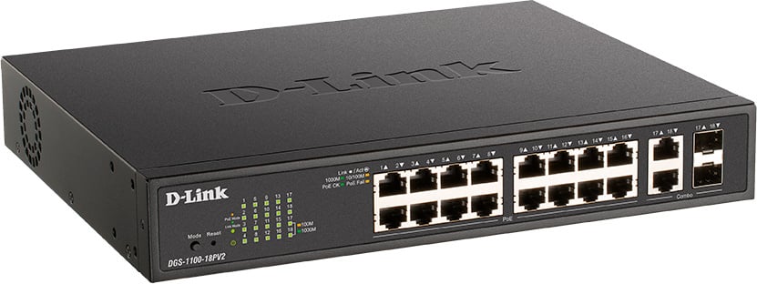 Коммутатор D-Link DGS-1100-18PV2/A3A, 16×1GbE PoE, 2 комбо SFP, L2, 130 Вт
