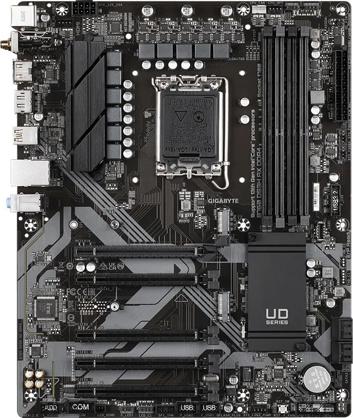 Материнская плата Gigabyte B760 DS3H AX DDR4, Socket 1700, Intel®B760, 4xDDR4-3200, HDMI+DP, 5xPCI-Ex16, 4xSATA3(RAID 0/1/5/10), 2xM.2, 8Ch Audio, 2.5GLan, WiFi, (4+4)xUSB2.0, (1+2)xUSB3.2, (1+1)xUSB3.2 Type-C™, 1xPS/2, ATX, RTL