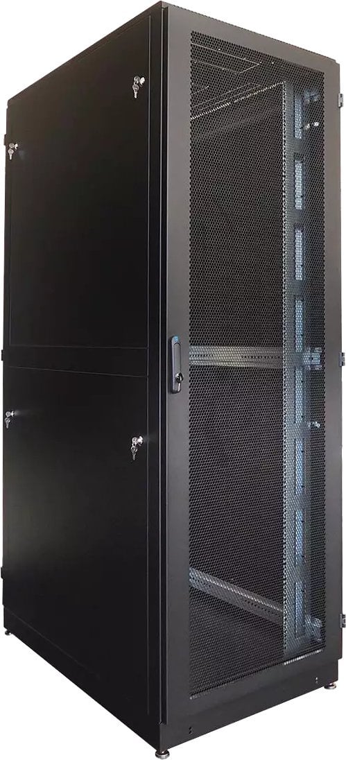 Шкаф серверный ЦМО (ШТК-М-42.8.12-48АА-9005) напольный 42U 800x1200мм пер.дв.перфор. задн.дв.перфор.2-хст. направл.под закл.гайки 1200кг черный 1055мм 176кг 180град. 2030мм IP20 металл
