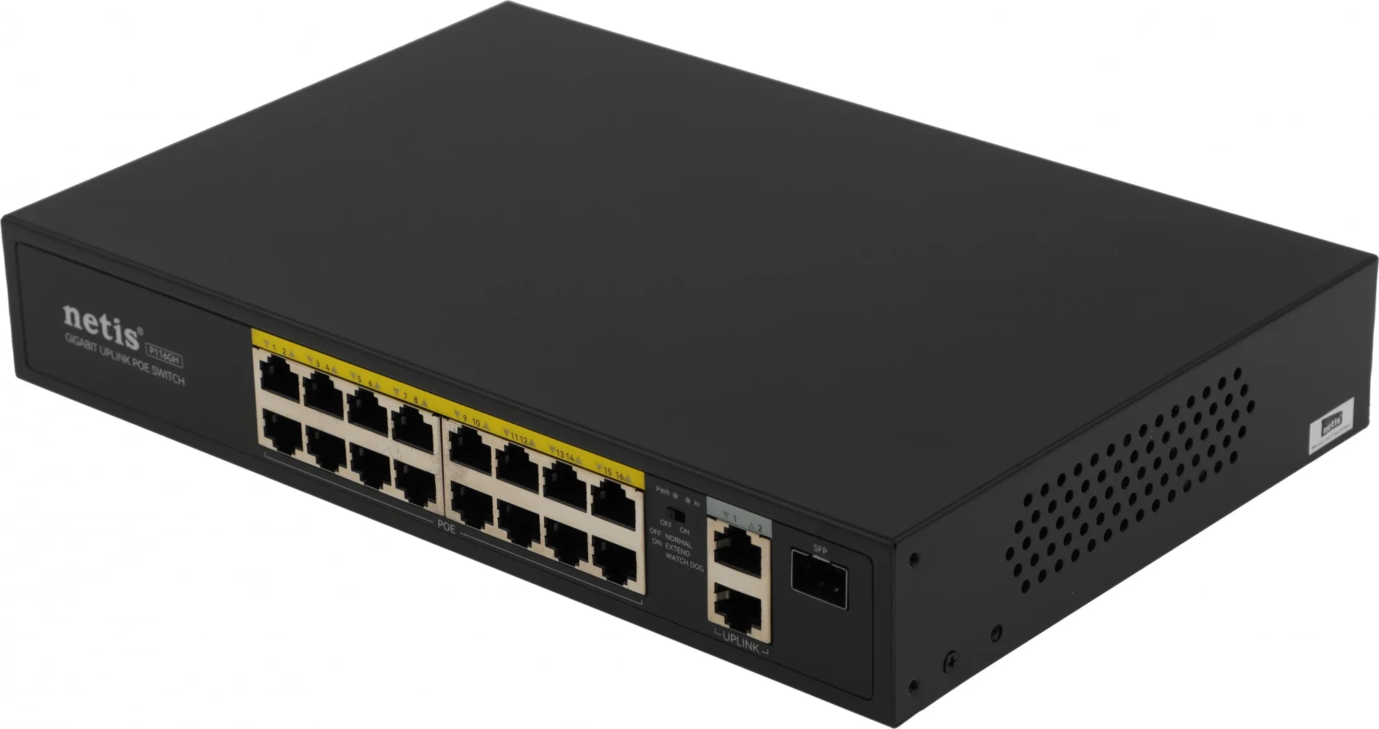 Netis P116GH Коммутатор неуправляемый PoE+, 18 портов, 16x100 Мбит/с, PoE+ 16х30 Вт (до 240Вт), Uplink RJ45 2*1 Гбит/с