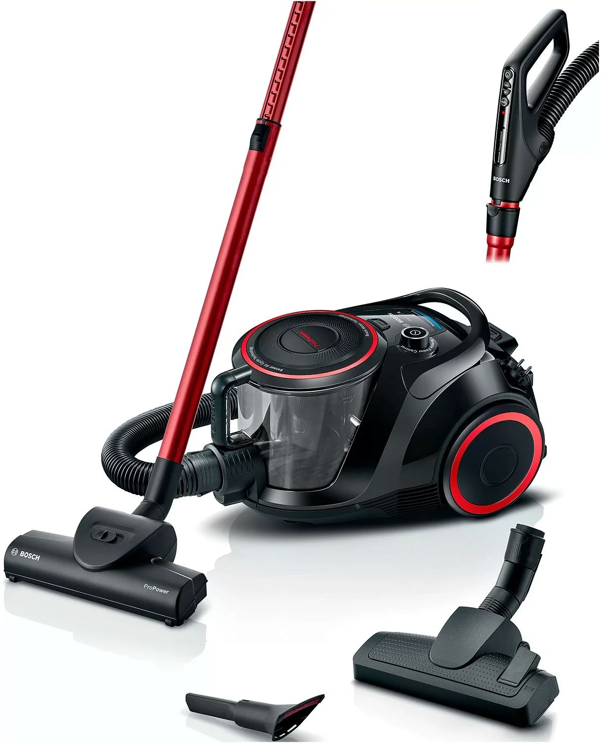 Пылесос Bosch BGS41POW1 черный/красный, 350/700 Вт, уборка сухая, пылесборник контейнер 2.4 л