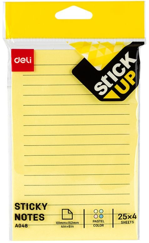 Блок самоклеящийся бумажный Deli Stick UP EA048 101x152 мм 100 лист. желтый в линейку