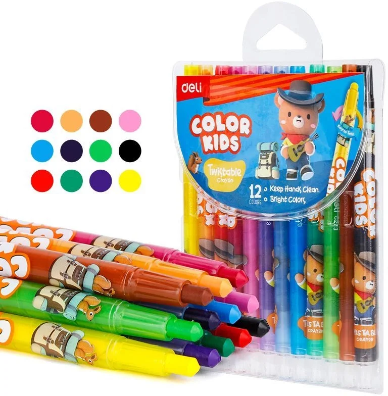 Восковые мелки Deli EC223-12 Color Kids, круглые, с поворотным механизмом, 12 цветов (12шт) длина 165мм, диаметр 10мм, блистер с европодвесом