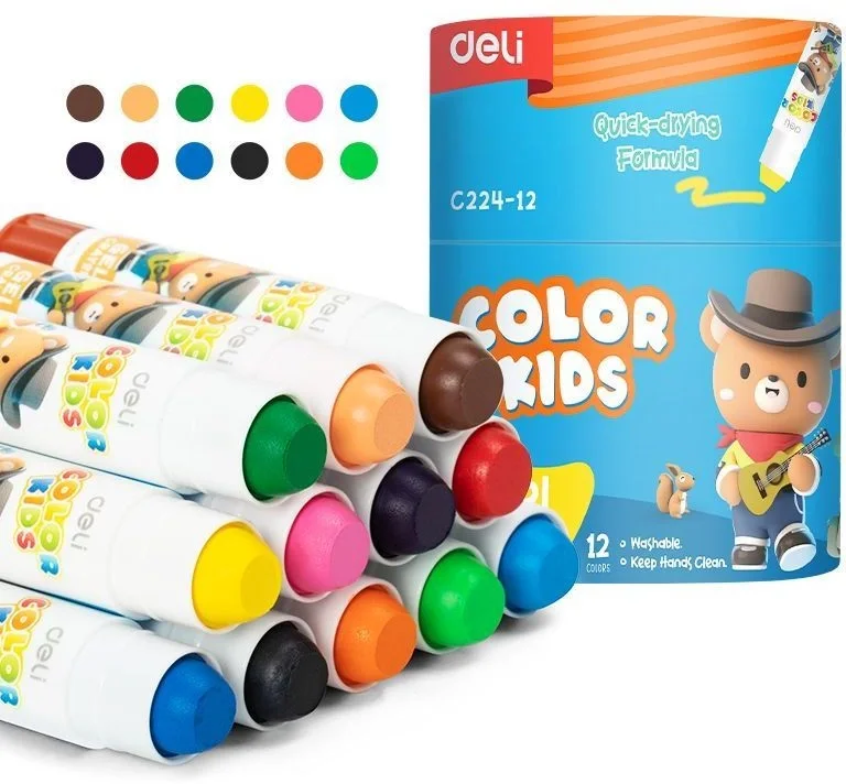 Гелевые мелки Deli EC224-12 Color Kids, круглые, 12 цветов (12шт) длина 80мм, диаметр 15мм