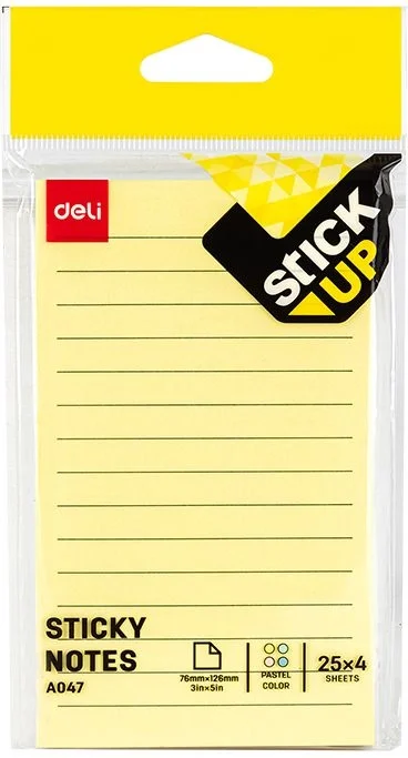 Блок самоклеящийся бумажный Deli Stick UP EA047 76x126 мм, 25 листов, пастель, ассорти, 4 цвета в упаковке, в линейку (упаковка: 4 шт)