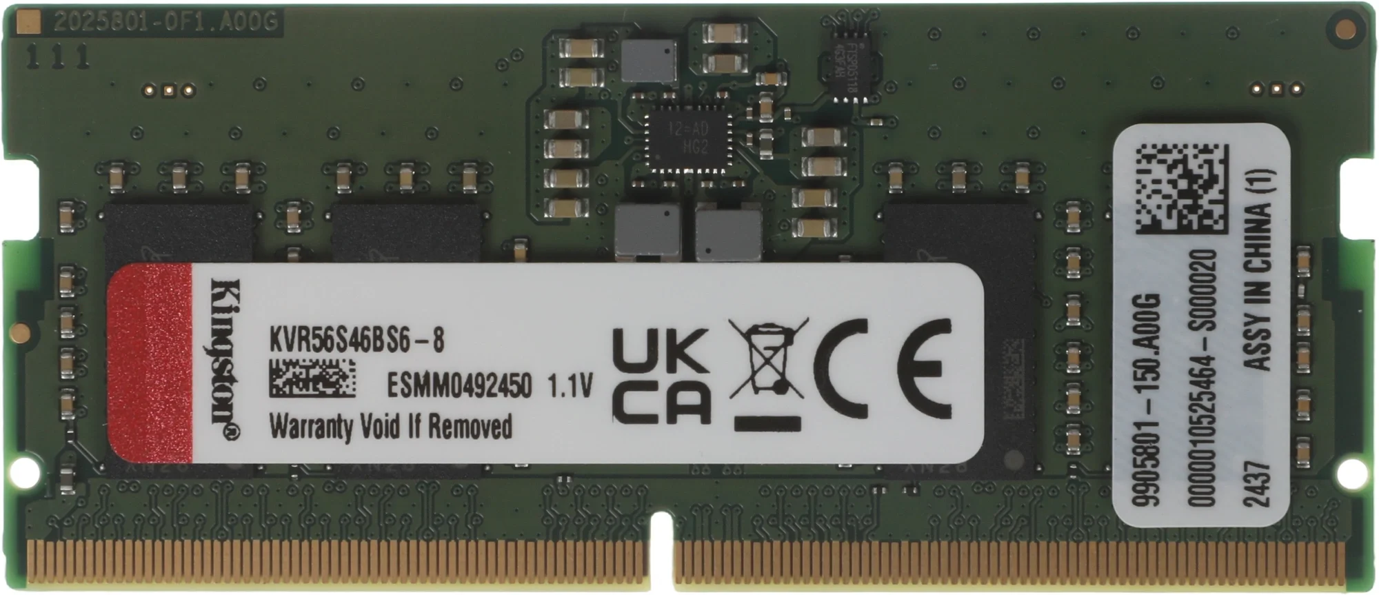 Оперативная память для ноутбука 8Gb (1x8Gb) PC5-44800 5600MHz DDR5 SO-DIMM Unbuffered CL46 Kingston KVR56S46BS6-8