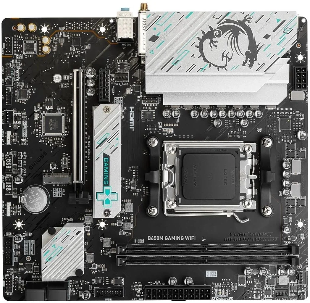 Материнская плата MSI B650M GAMING WIFI, AM5, AMD B650, 2xDDR5, 4xSATA, 2xM.2, 1xPCIe 4.0 x16, 1xPCIe 3.0 x1, 1xDP, 1xHDMI, 1x2.5Gb LAN, Wi-Fi 6E, Bluetooth 5.3, 1xUSB-C 5Gbps, 3xUSB-A 5Gbps, 2xUSB-A 2.0, 1xS/PDIF, 5x3.5 мм, 7.1, mATX
