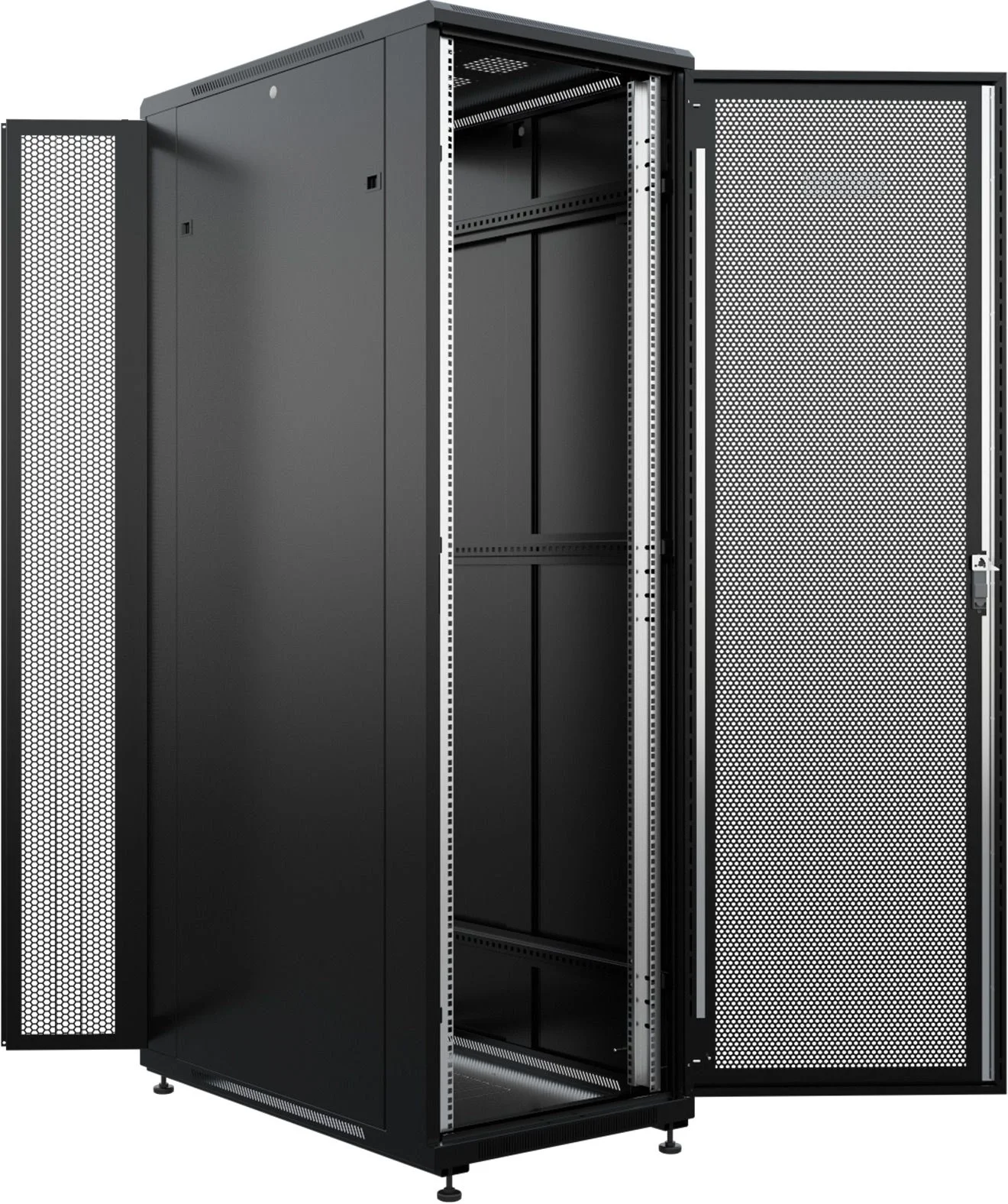 NTSS Шкаф напольный универсальный серверный NTSS R 42U 600х1200мм, 4 профиля 19, двери перфорированная и перфорированная двухстворчатая, боковые стенки съемные, регулируемые опоры, разобранный, черный