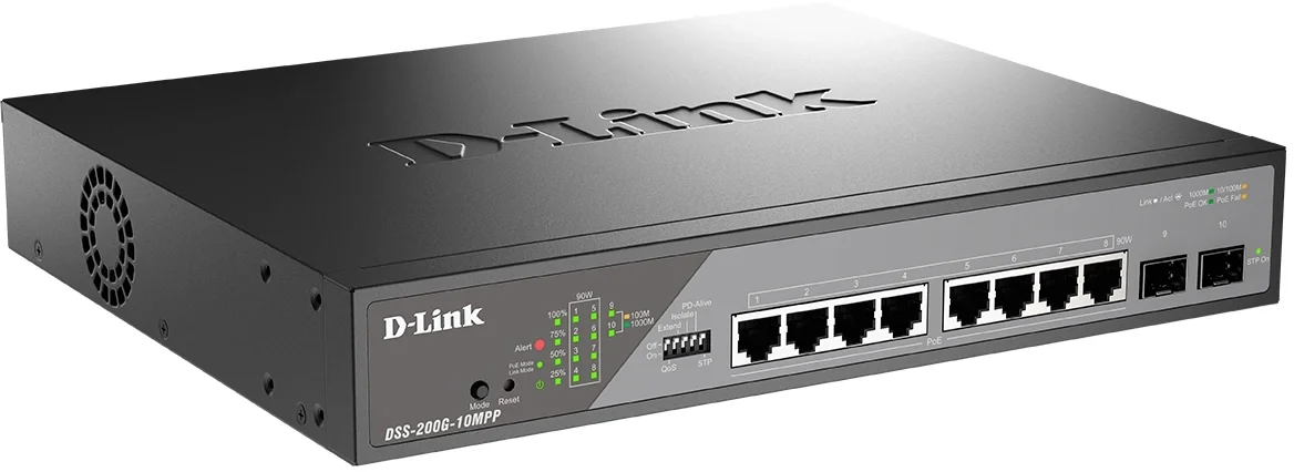 Коммутатор D-Link DSS-200G-10MPP/A1A, L2, 8×1GbE PoE, 2×SFP, PoE 242Вт