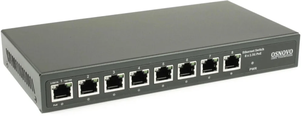 SSW-8D-1 - Коммутатор OSNOVO 2.5G Ethernet на 8 RJ45 портов. Порты: 8 x 2.5G (10/100/1000/2500Base-TX). Auto MDI/MDIX. Встроенная грозозащита 3кВ. В комплекте БП DC12V(2A). Размеры (ШхВхГ): 223x28x113мм. Рабочая температура: -10...+55 гр. С.