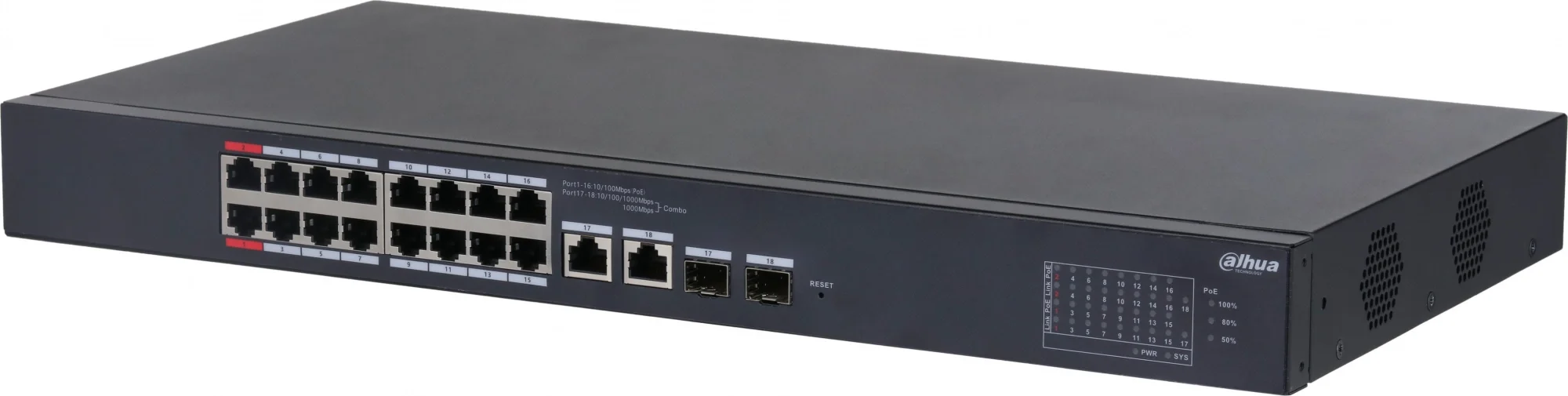 16-портовый PoE коммутатор с функцией облачного управления, Порты: 16 RJ45 10/100Мбит/с (PoE/PoE+/Hi-PoE), 2 комбинированных SFP/RJ45 10/100/1000Мбит/с (uplink); мощность PoE: порты 1-2 до 90Вт, порты 3-16 до 30Вт, суммарно до 240Вт; PoE watchdog, передача