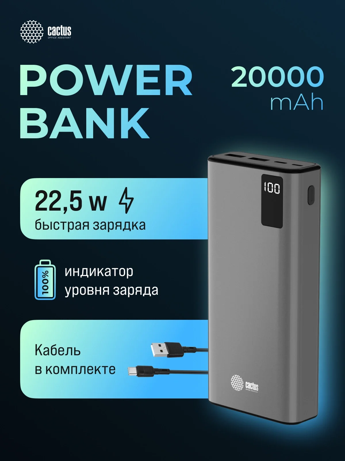 Мобильный аккумулятор Cactus CS-PBFSFA-20000 20000mAh 22.5W 4.5A 2xUSB-A/USB-C серый