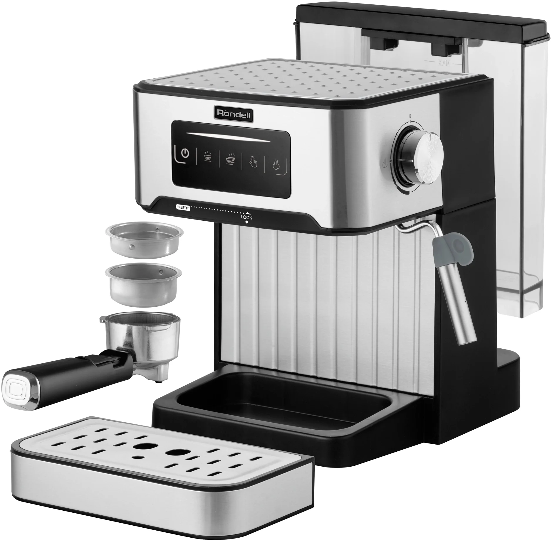 Кофеварка рожковая Rondell RDE-1106 серебристый, исп. кофе - молотый, 1.6 л, 850 Вт, 20 бар
