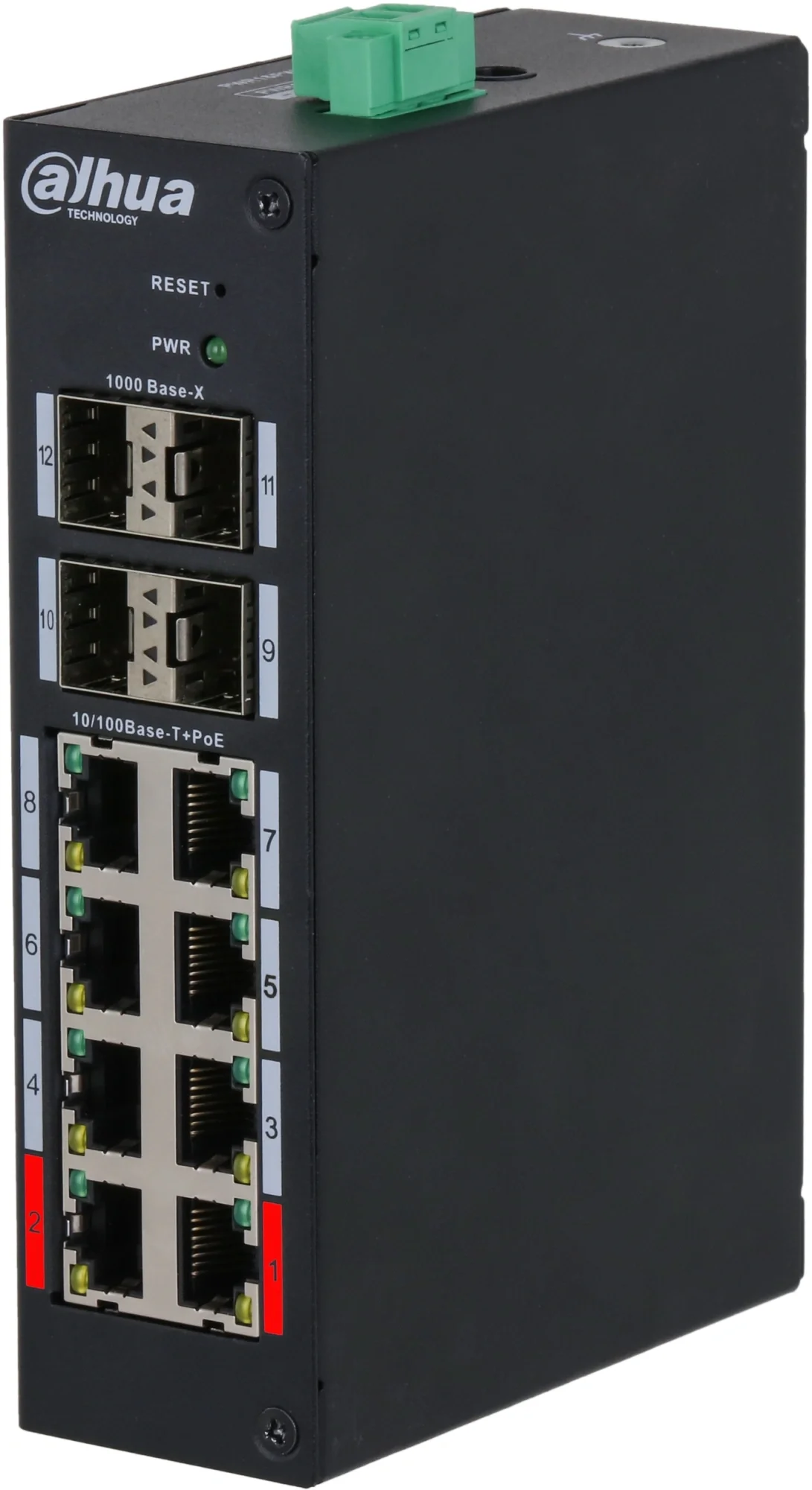 Dahua DH-HS4412-8ET-120 12-портовый управляемый коммутатор с PoE, промышленное исполнение  8 RJ45 10/100Мбит/с, 4 SFP 1000Мбит/с (uplink); до 120Вт; на DIN-рейку