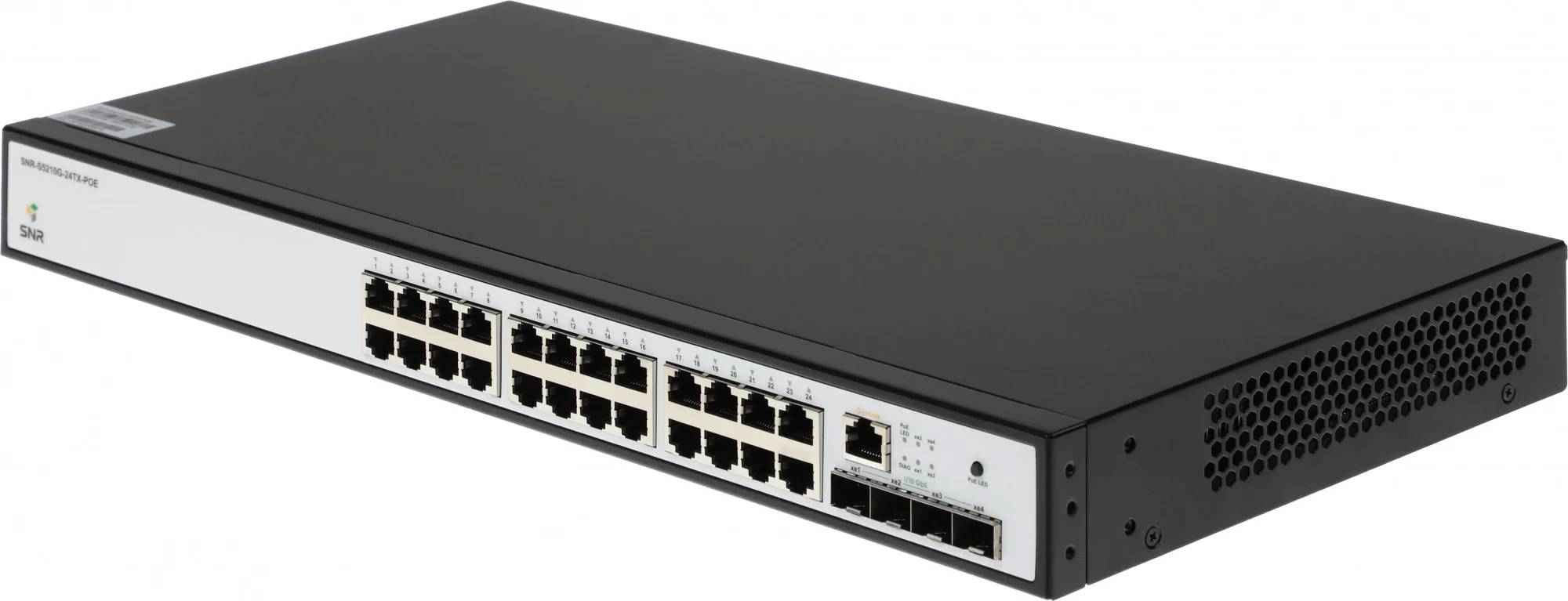 Коммутатор SNR SNR-S5210G-24TX-POE, управляемый L2+, 24×1GbE PoE, 4×10GbE SFP+, 370 Вт