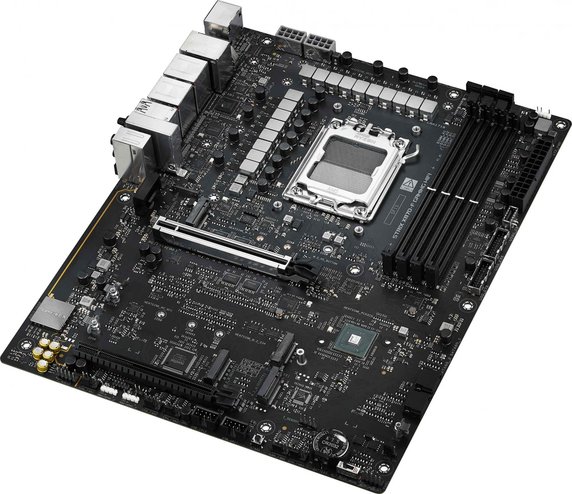 ASUS ROG STRIX X870-F GAMING WIFI (Socket AM5, ATX, 4xDDR5(192GB), DP/HDMI, 1xPCIe 5.0x16/1xPCIe 4.0x16, 1xLAN (2.5GbE), Wi-Fi 7, BT 5.4, 2xSATA 6Gb/s, 4xM.2, 2xUSB4 Type-C, 1xUSB-C, 9xUSB 3.2)