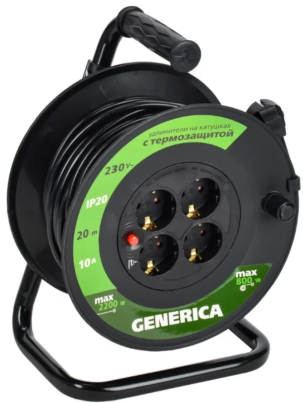 Удлинитель силовой IEK GENERICA УК20 (WKP10-10-04-20-G) 2x1.0кв.мм 4розет. 20м ПВС  10A катушка черный