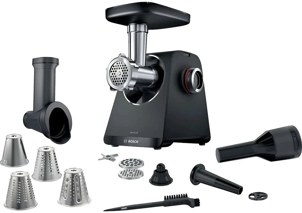 Мясорубка электрическая Bosch MFWS440B черный, 1900 Вт, 2.5 кг/мин, реверс, защита от перегрузки, насадки - 7